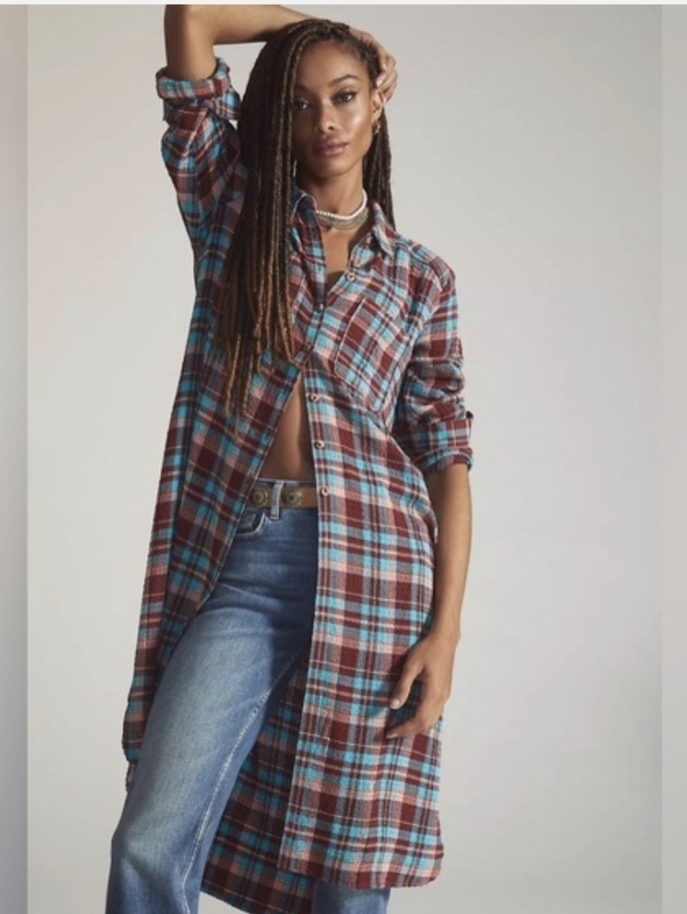 Anthropologie Pilcro Side Slit Maxi Button Up Shirt Tunic, Size Large